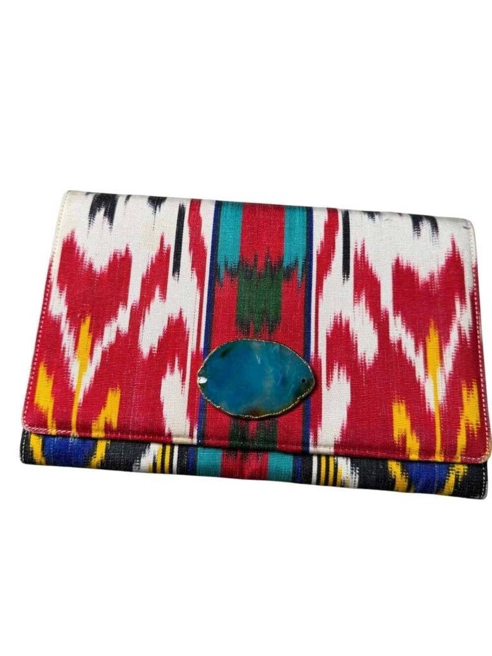 GRACE Ikat Print Foldover Clutch with Turquoise Agate Stone Clasp Boho Tribal
